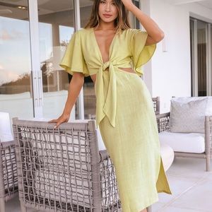 Summer Journey Light Green Tie-Front Cutout Midi Dress